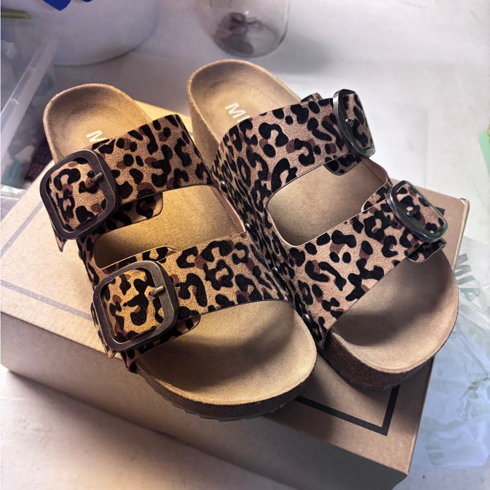 MIA Leopard Print Sandals with Black and Tan Accents